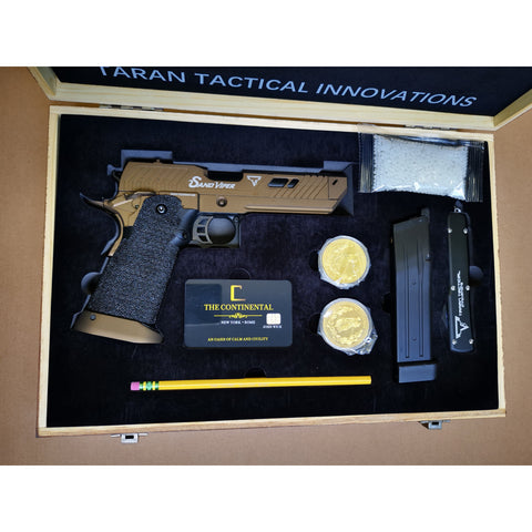 GOLDEN EAGLE TTI SAND VIPER Style John Wick Pistol With Wood Case Hi-Capa GBB Gel Blaster (G3355+)