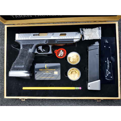 Double Bell Glock 34 TTI Style JW John Wick Pistol With Wood Case GBB Gel Blaster(silver slide) - iHobby Online